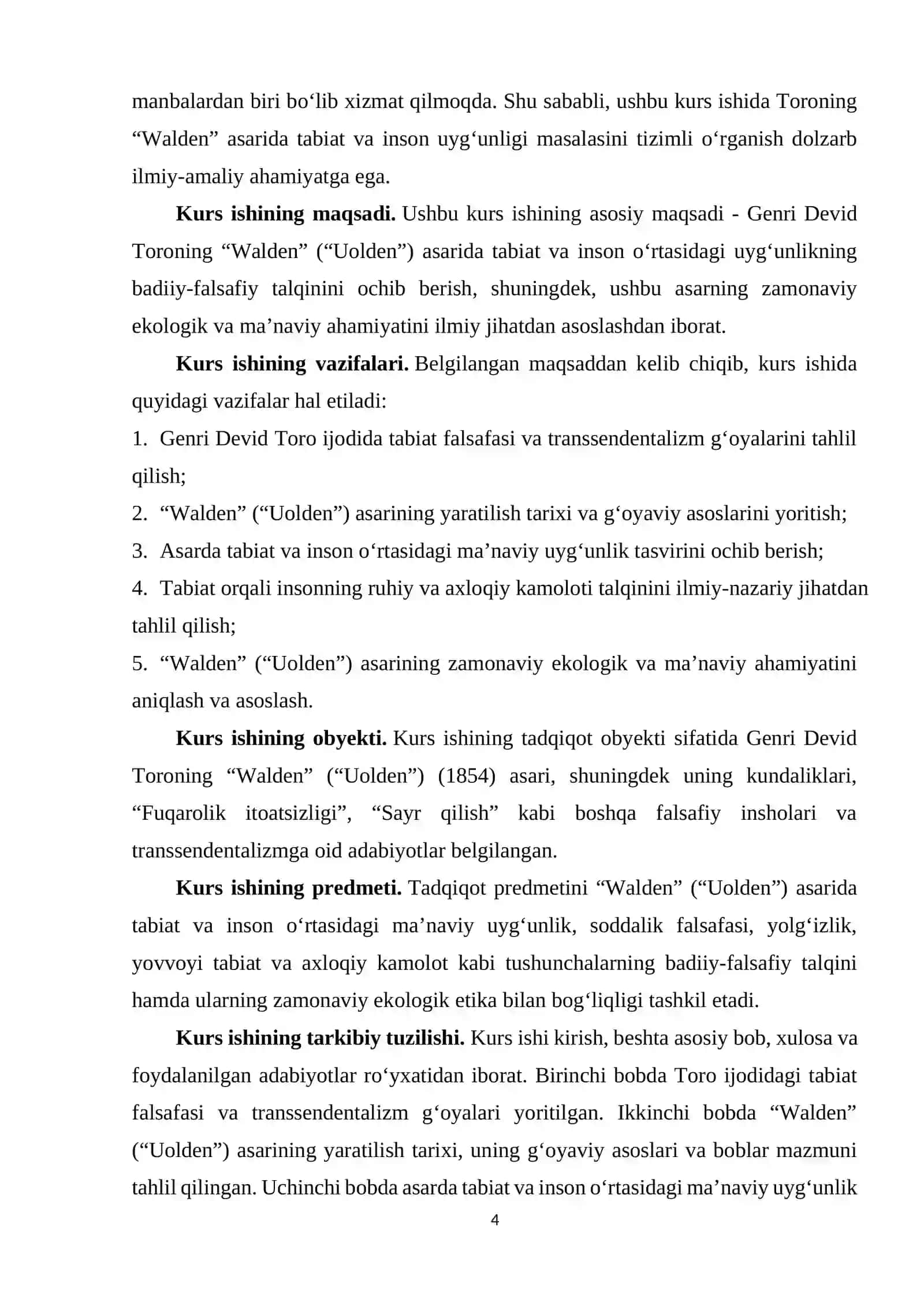 "Walden" asarida tabiat va insonning ma'naviy uyg' unligi mavzusidagi KURS ISHI 4