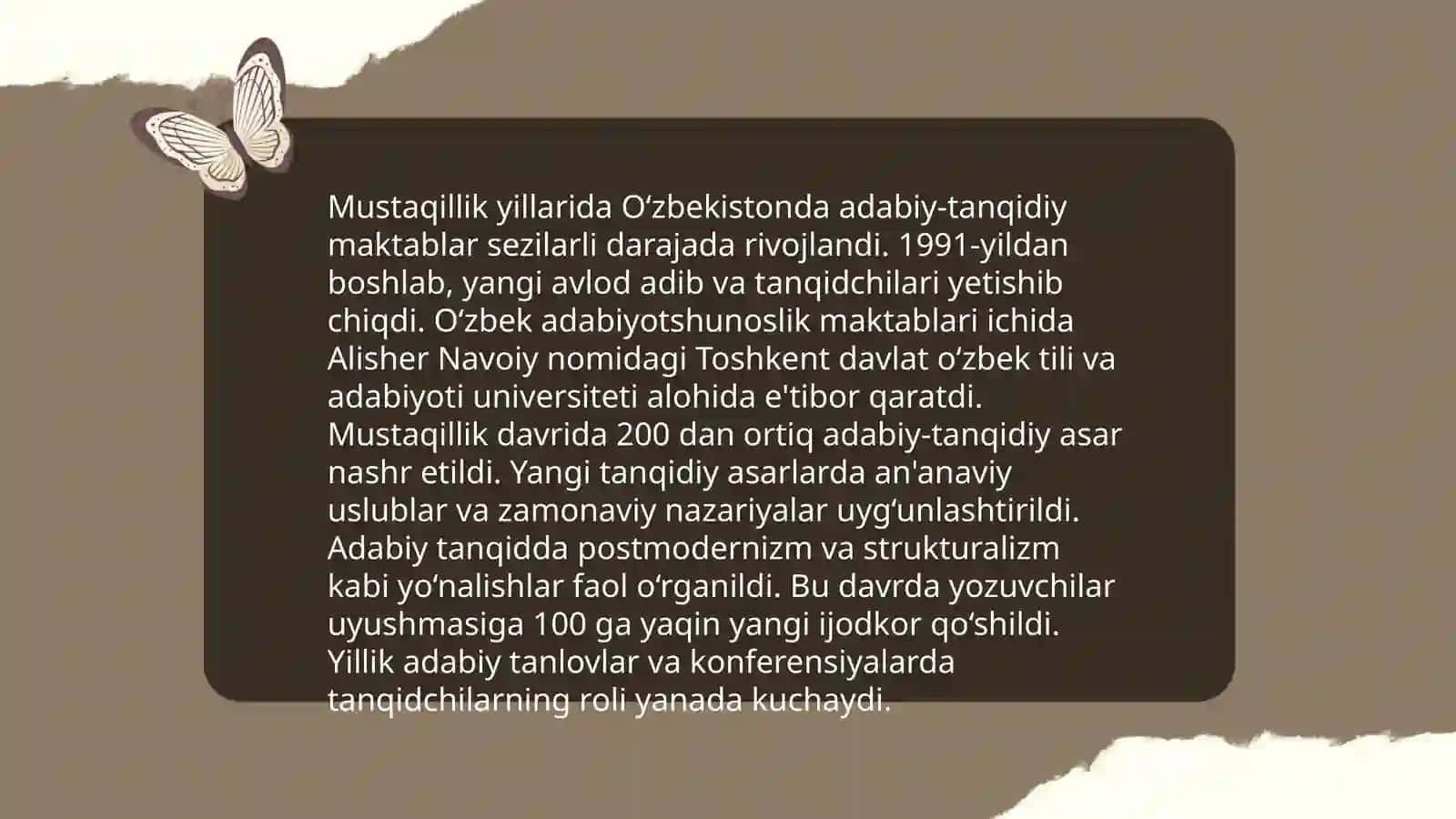 Istiqlol davri tanqidchiligi Oʻzbekistonda yangi adabiy yoʻnalishlar va uslublarning shakllanishiga sabab boʻldi 4