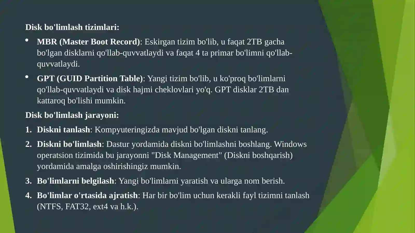 Disklarni bo'limlash va formatlash 4