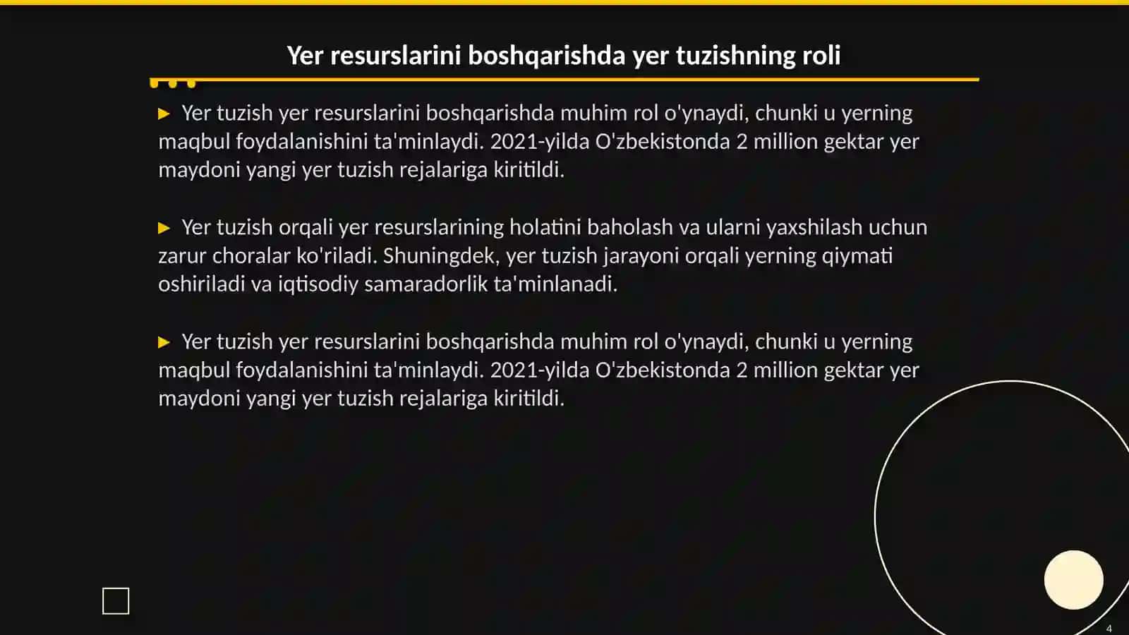 Yer resurslarini boshqarishda yer tuzishning funksiyasi. Yer resurslarini boshqarishda yer monitoringining funksiyasi 4