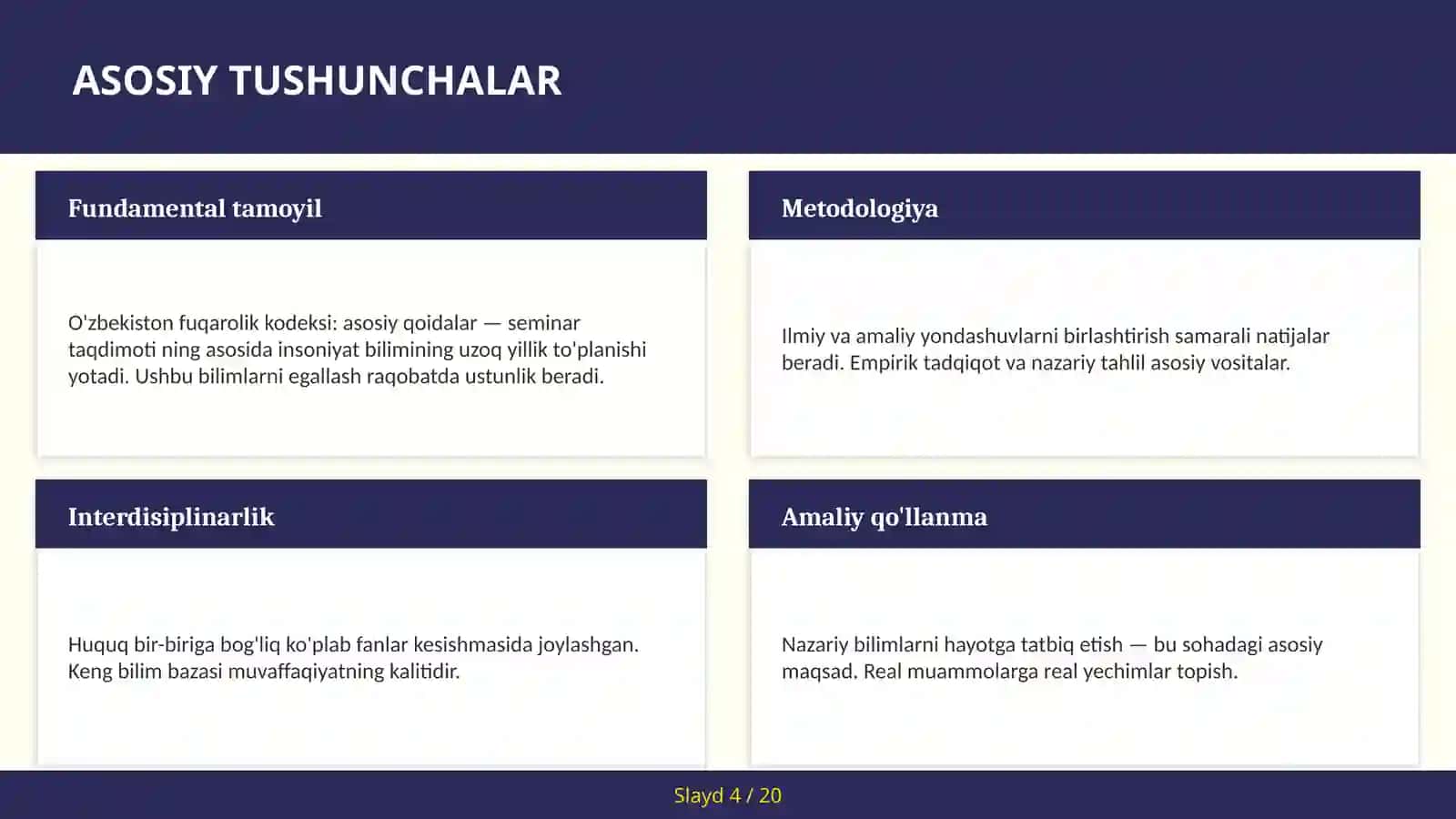 O'zbekiston fuqarolik kodeksi: asosiy qoidalar — seminar taqdimoti 4