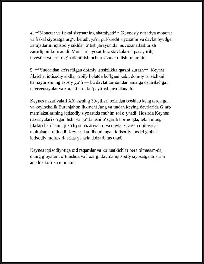 REFERAT Mavzu: JON MEYNARD KEYNS TA'LIMOTI, VA NEOKEYNSCHILIK NAZARIYALARI 4
