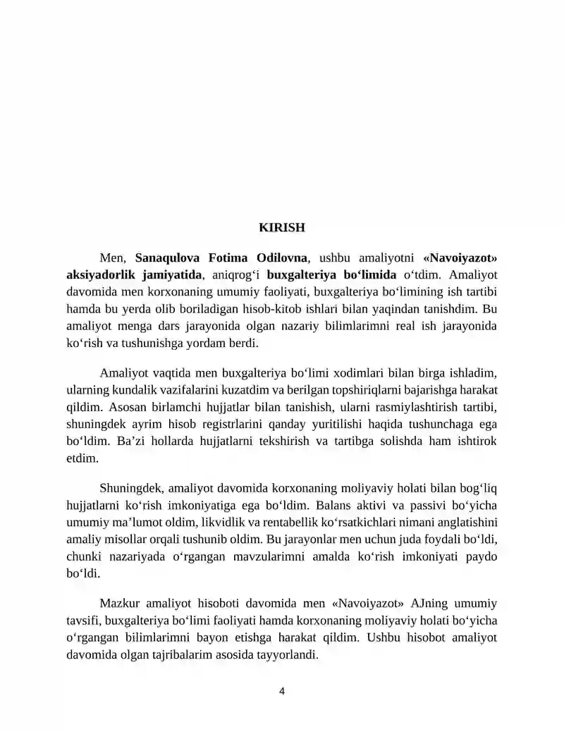 "NAVOIYAZOT" Accounting - Bakalavriat yo‘nalishi talabalari bitiruv oldi amaliyoti bo‘yicha hisobot 4