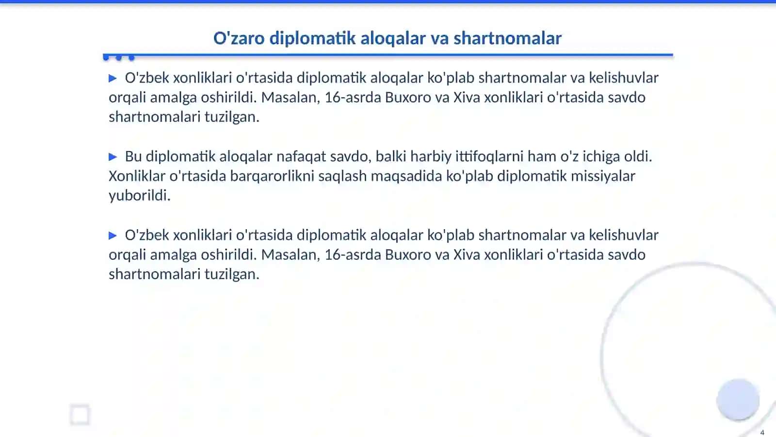 O'zbek xonliklarining ozaro munosabatlari va xalqaro savdo diplomatik aloqalari 4