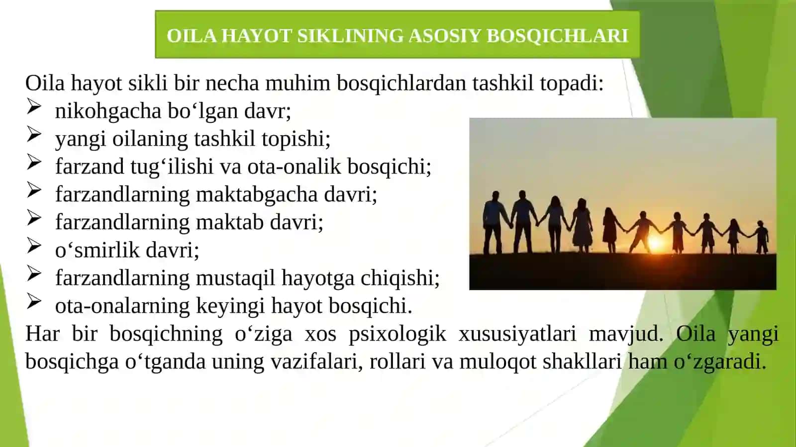 Oila hayot siklini amaliy o'rganish; oilaviy rollar, muloqot xususiyatlari va rivojlanish bosqichlaridagi inqirozlarni aniqlash.pptx 4