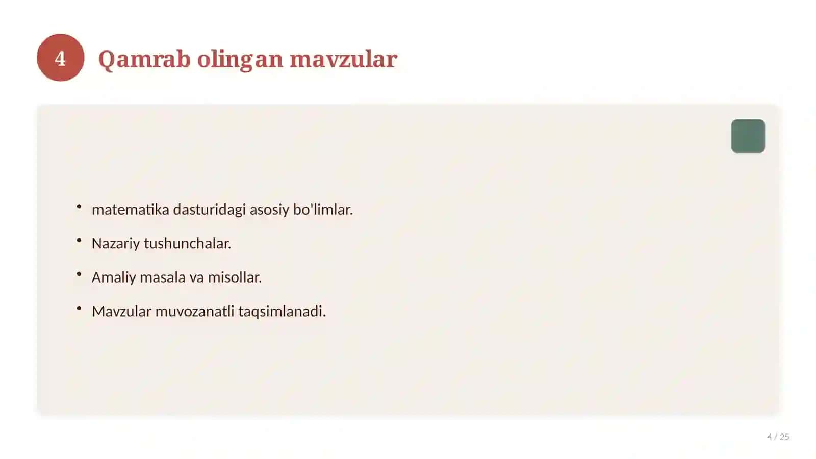 Matematika fanidan 9-sinf: mavzulashtirilgan nazorat ishi va tahlil 4