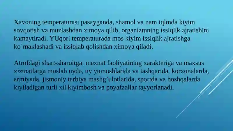 Kiyim boshlar va oyoq kiyimlari gigiyenasi. Kundalik turmushda foydalaniladigan sintetik polimer materiallardan tayyorlangan uy-ro‘zg‘or buyumlari, bog‘lov materiallari, idishlarni qo‘llash gigiyenasi 4