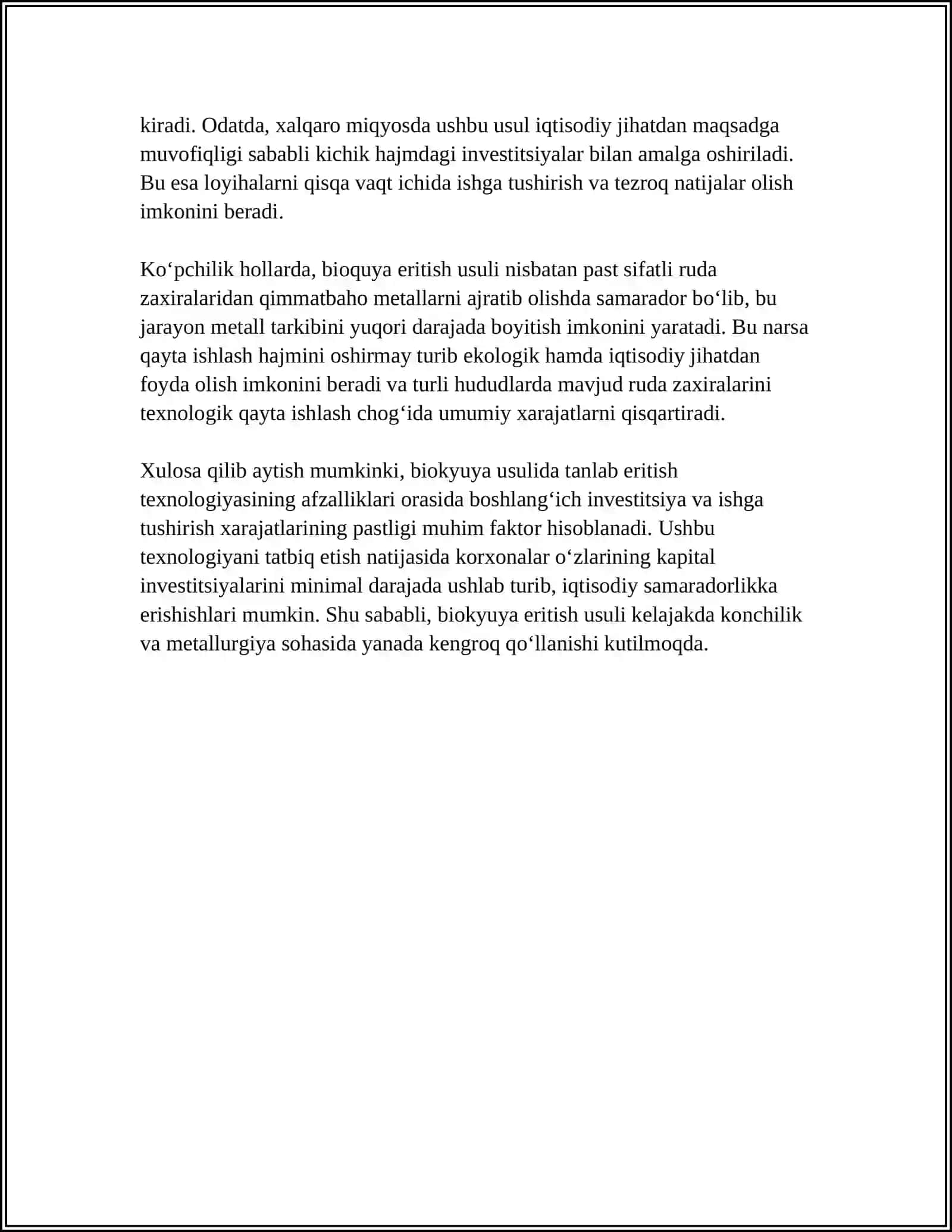 BIOQUYQA USULIDA TANLAB ERITISH (BIOHEAP LEACHING) TEXNOLOGIYASINING AFZALLIKLARI 4