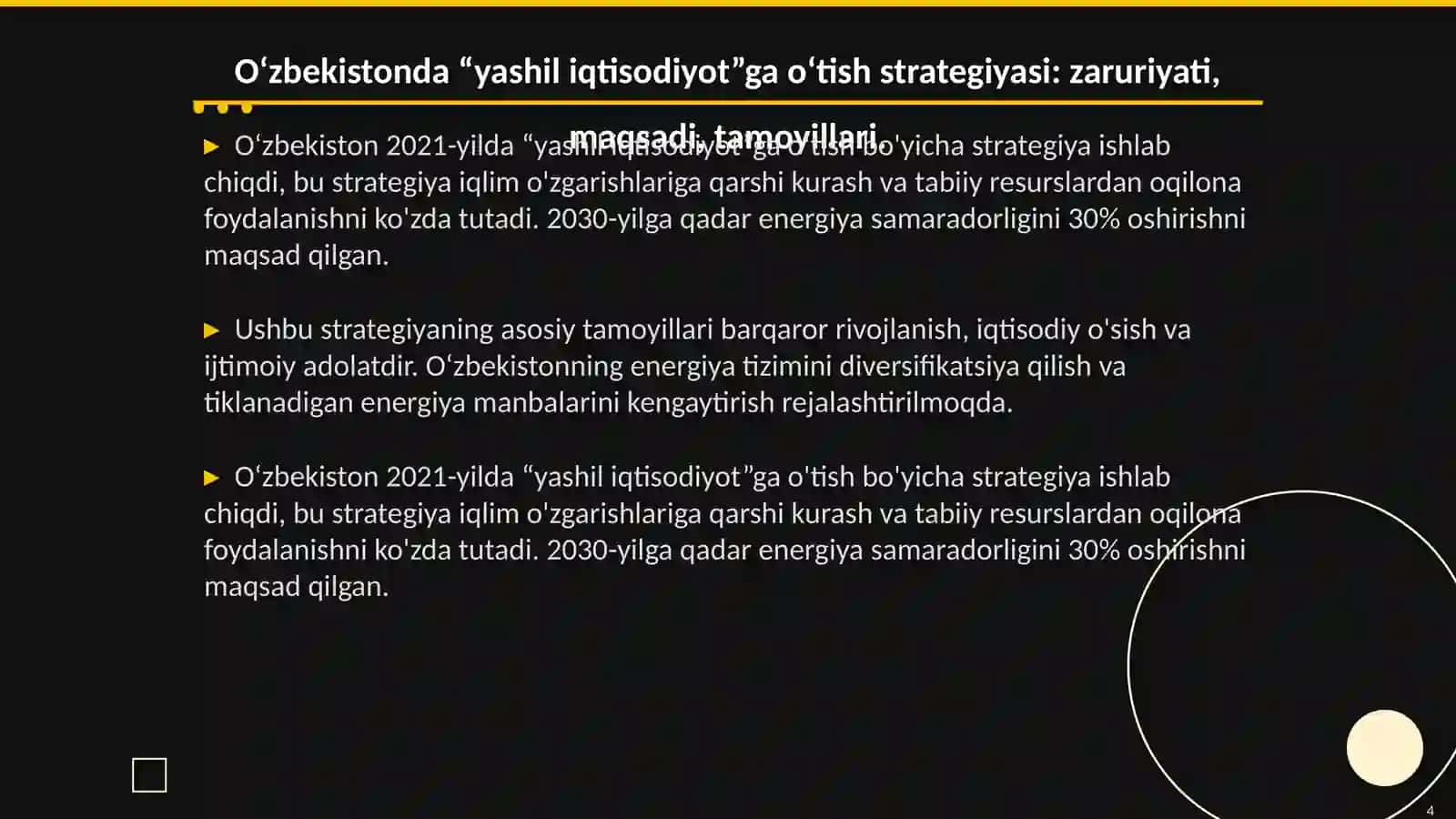 "Yashil iqtisodiyot" rivojlantirish strategiyasining ustuvor yo‘nalishlari 4