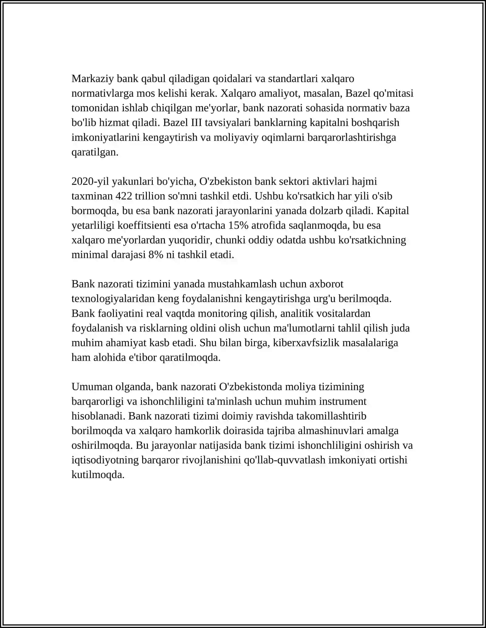 MUSTAQIL ISH Mavzu: TIJORAT BANKIDA TARTIBDA SOLISH VA NAZORAT QILISH 4