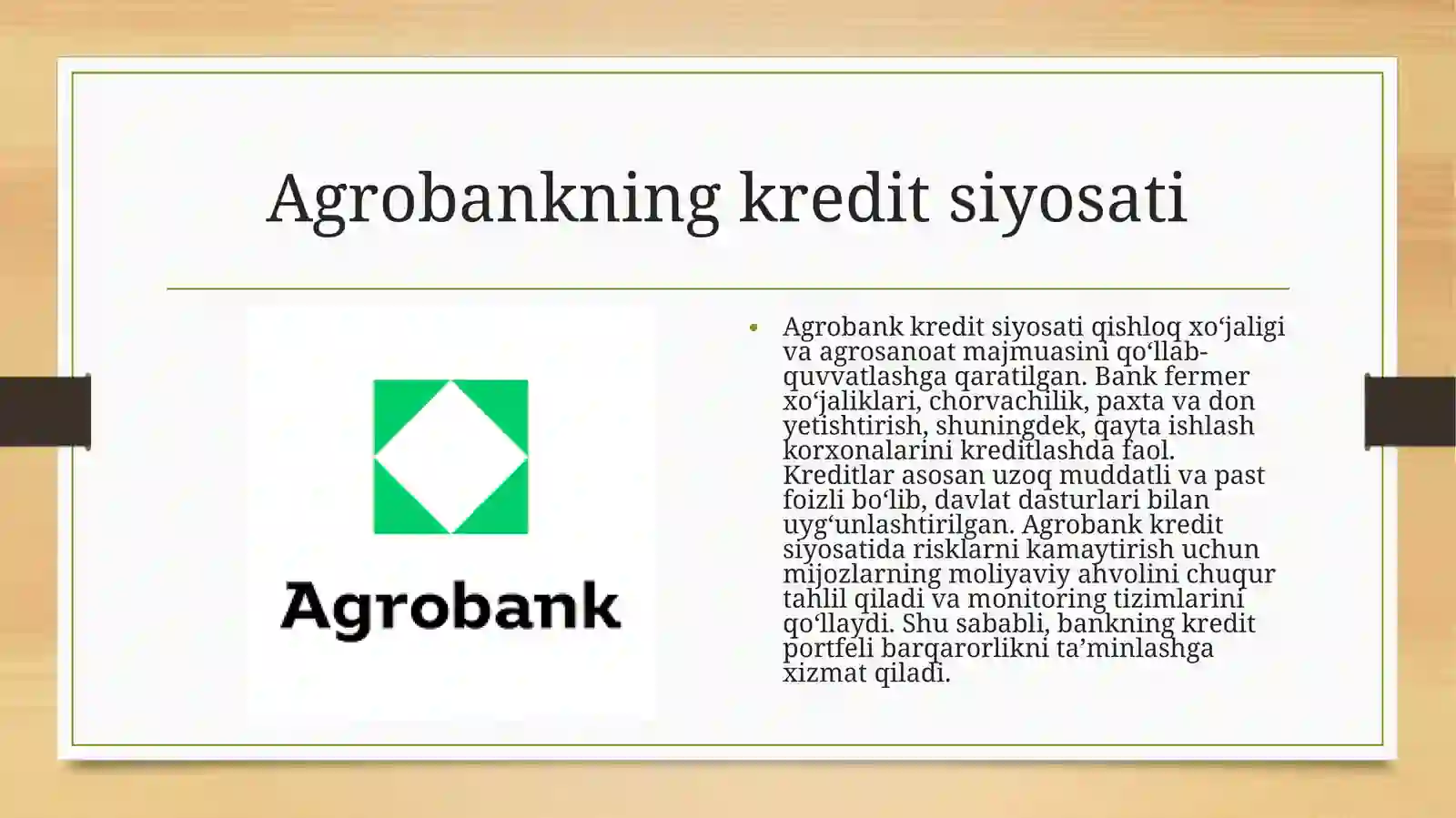 Tijorat banklarning kredit portfelini tahlil qilish: Agrobank misolida 4
