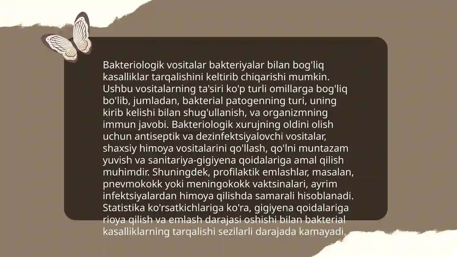 Bakteriologik (biologik) vositalar bilan zararlangan oʻchoqda epidermiyaga qarshi chora-tadbirlar. Fuqaro muhofazasi tibbiy xizmatining tuzilmalari va muassasalarini molk-mulklar bilan taminlash va muhofaza qilish 4