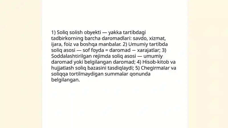 Foyda solig‘ini yakka tartibdagi tadbirkorlarning daromadlariga soliq solishning o‘ziga xos xususiyatlari 4