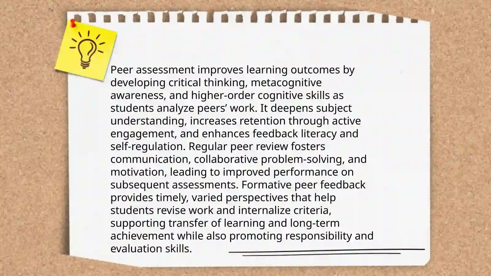 Importance of peer assessment. Benefits of peer assessment. Peer review. Peer assessment is a method  where students evaluate  each other's work providing feedback and grades based on pre-defined criteria . 4