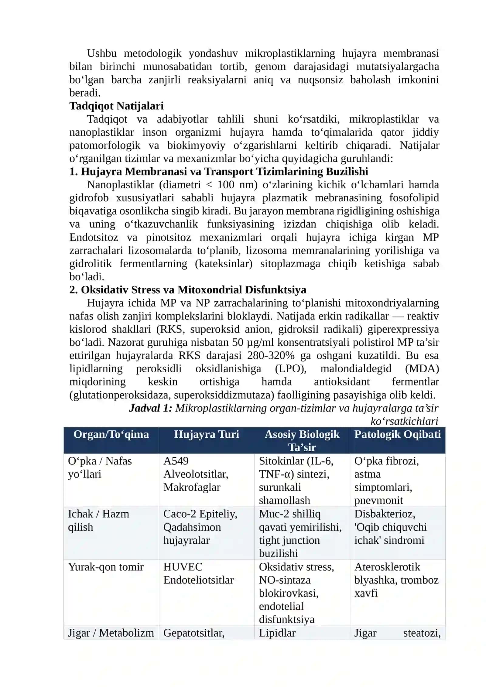 MIKROPLASTIKLARNING INSON ORGANIZMI HUJAYRALARI VA TO‘QIMALARIGA UZOQ MUDDATLI BIOLOGIK TA’SIRI: MOLEKULYAR VA HUJAYRAVIY DARAJADAGI TAHLIL 4