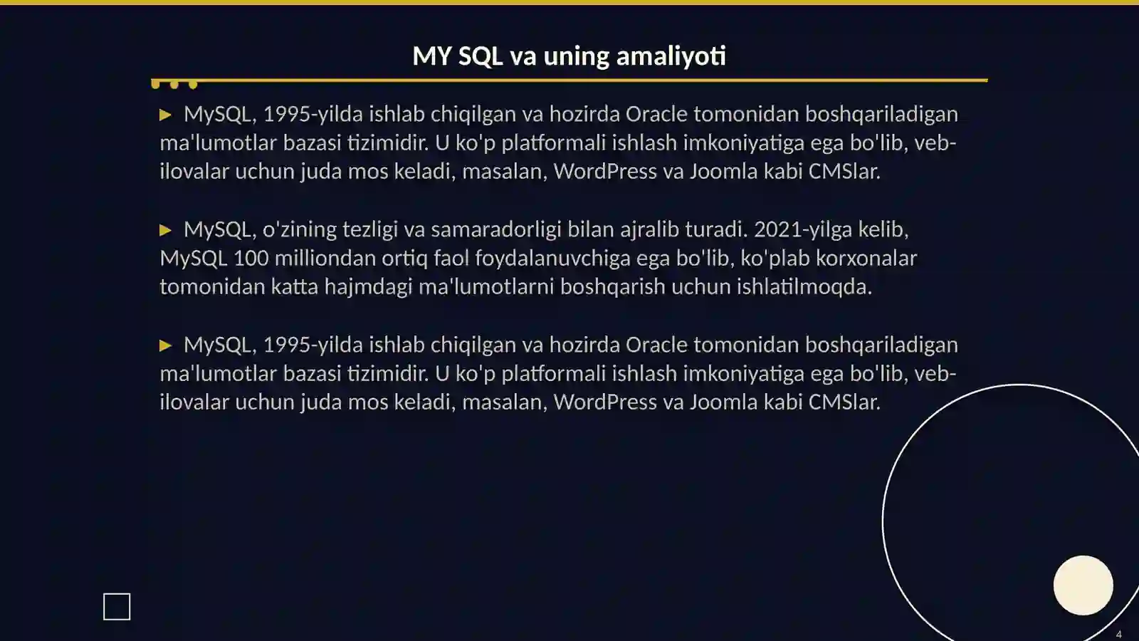Postgre SQL, MY SQL, Oracle, MS SQL bilan tuzilgan ma'lumnotlar bazasi amaliyoti 4