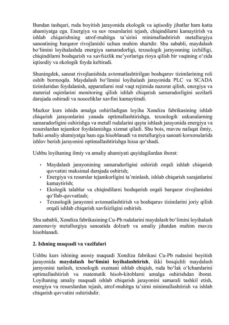 Xondiza fabrikasi Cu-Pb rudasini boyitish fabrikasining maydalash bo'limi loyihasi 4