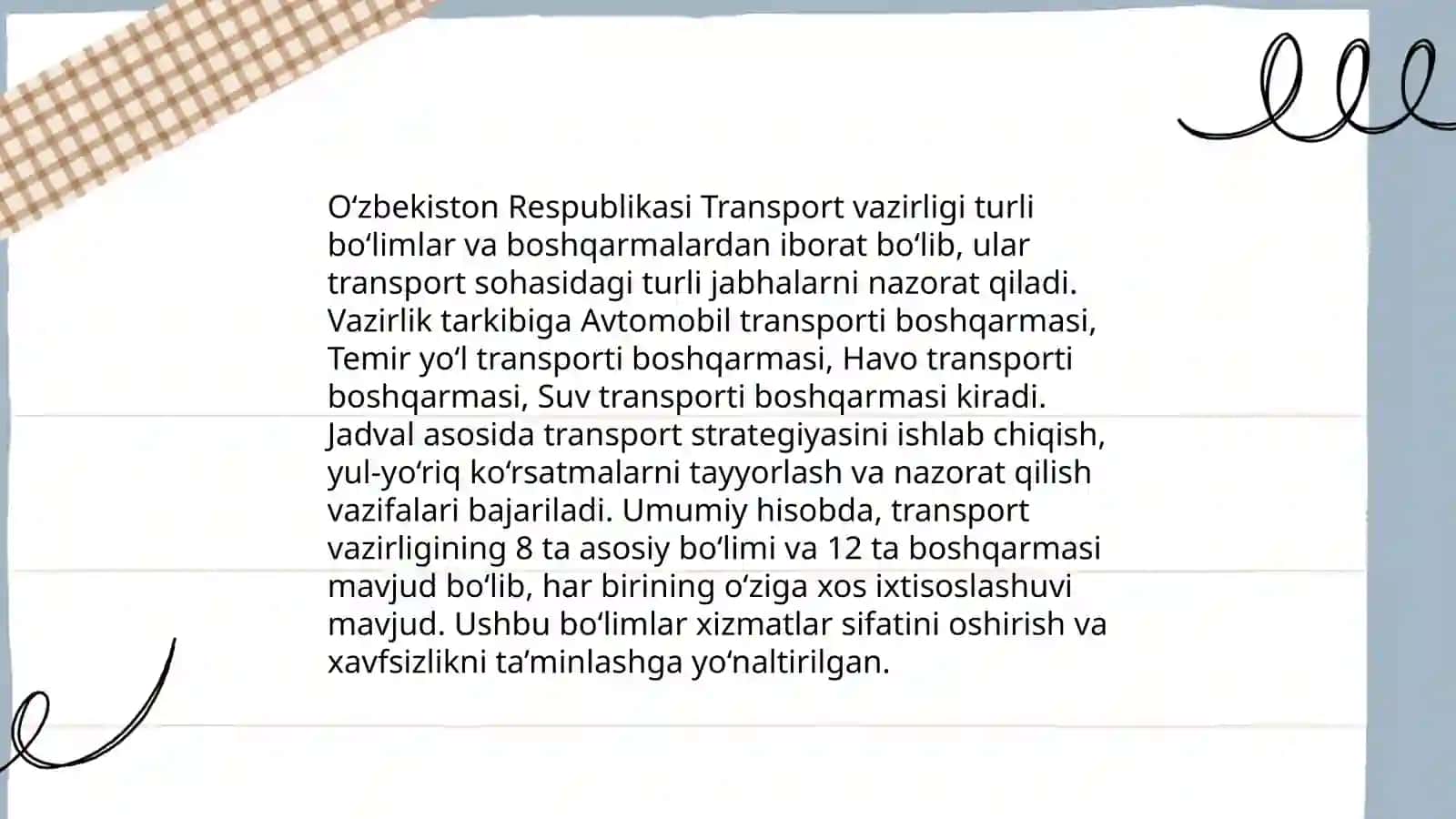 Transport vazirligining tuzilishi va uning yonidagi mamlakat boshqaruv organlari 4
