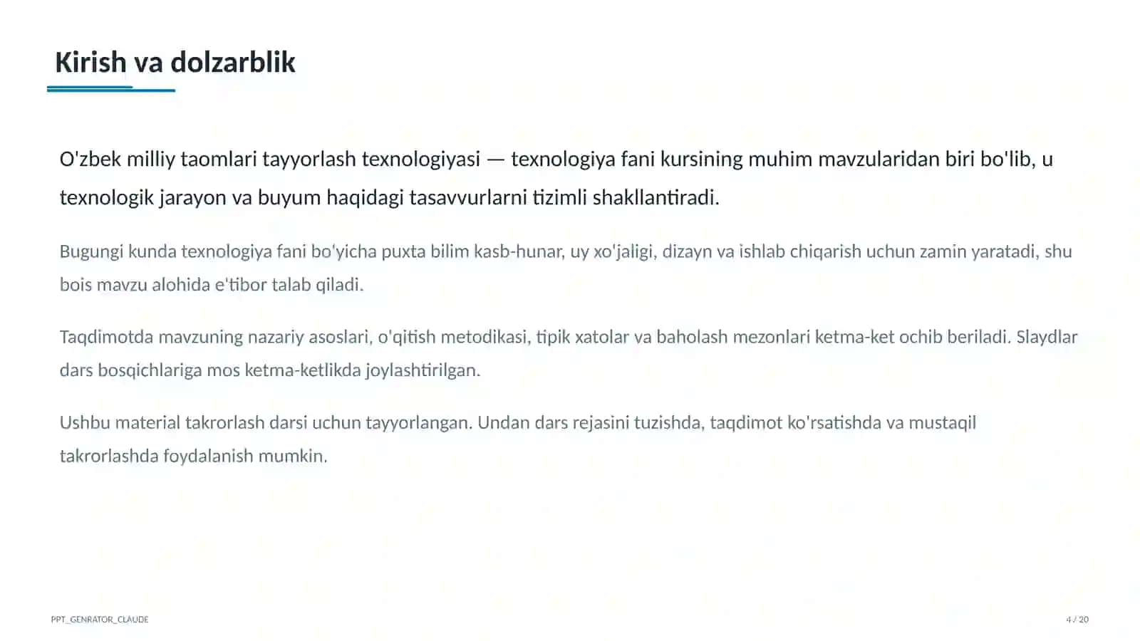 O'zbek milliy taomlari tayyorlash texnologiyasi (6-sinf) 4