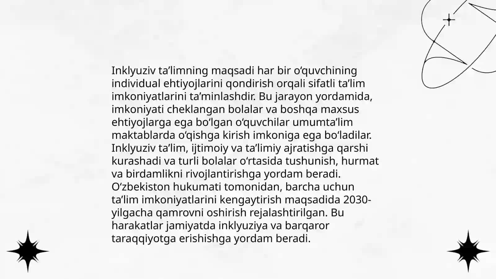 Inklyuziv ta’limning mohiyati, integ-ratsion ta’limdan farqi va ijtimoiy reabilitatsiya haqida tushuncha 4