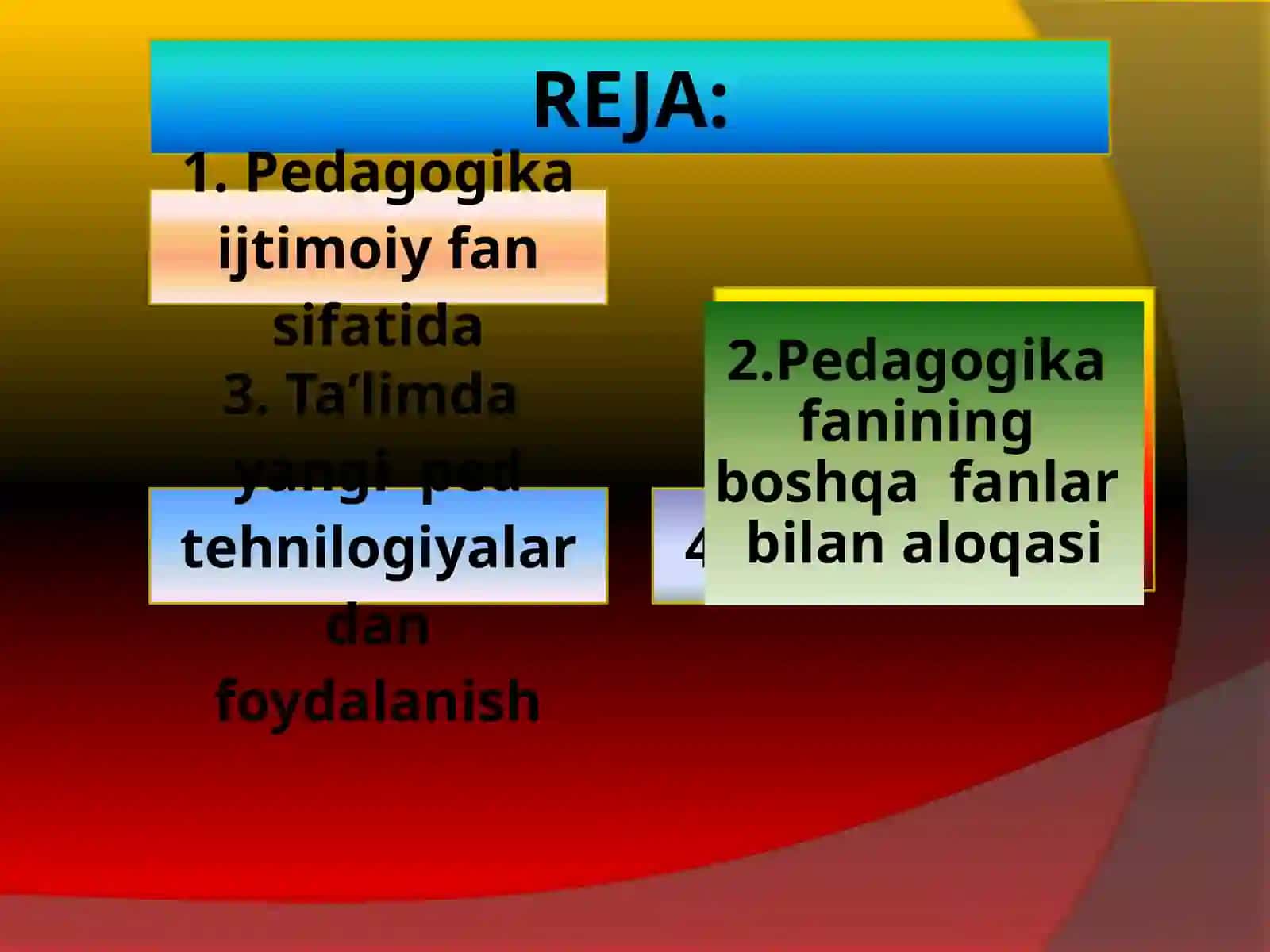 Buyuk alloma A.Avloniy ta’kidlaganlaridek: «Tarbiya biz uchun yo hayot. yo mamot, yo najot, yo halokat, yo saodat, yo falokat masalasidir».Haqiqatanhaminsonhayotinisaodatga,sofinsoniyfaoliyatgaerishishdatarbiyaningrolinihoyatdamuhim 4
