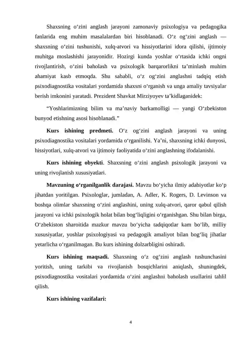 KURS ISHI "O‘z og‘zini anglash, psixodiagnostika ob‘ekti sifatida" 4