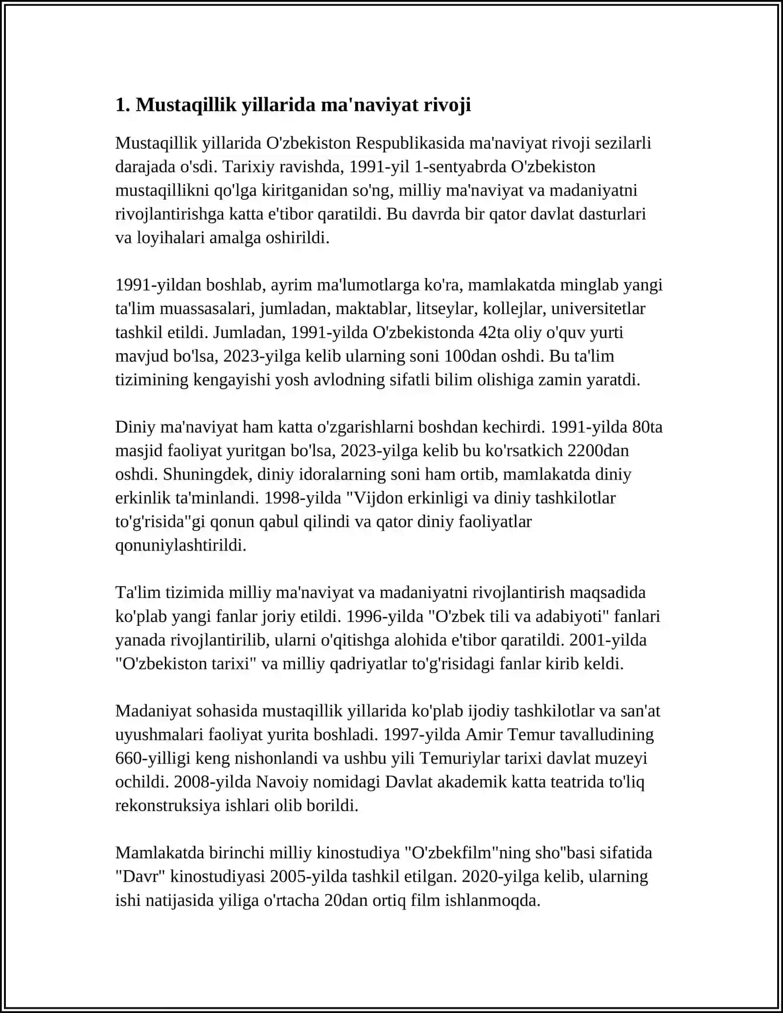 MUSTAQILLIK YILLARIDA MA'NAVIYAT, MADANIYAT VA TA'LIM SOHASIDAGI ISLOHATLAR 4