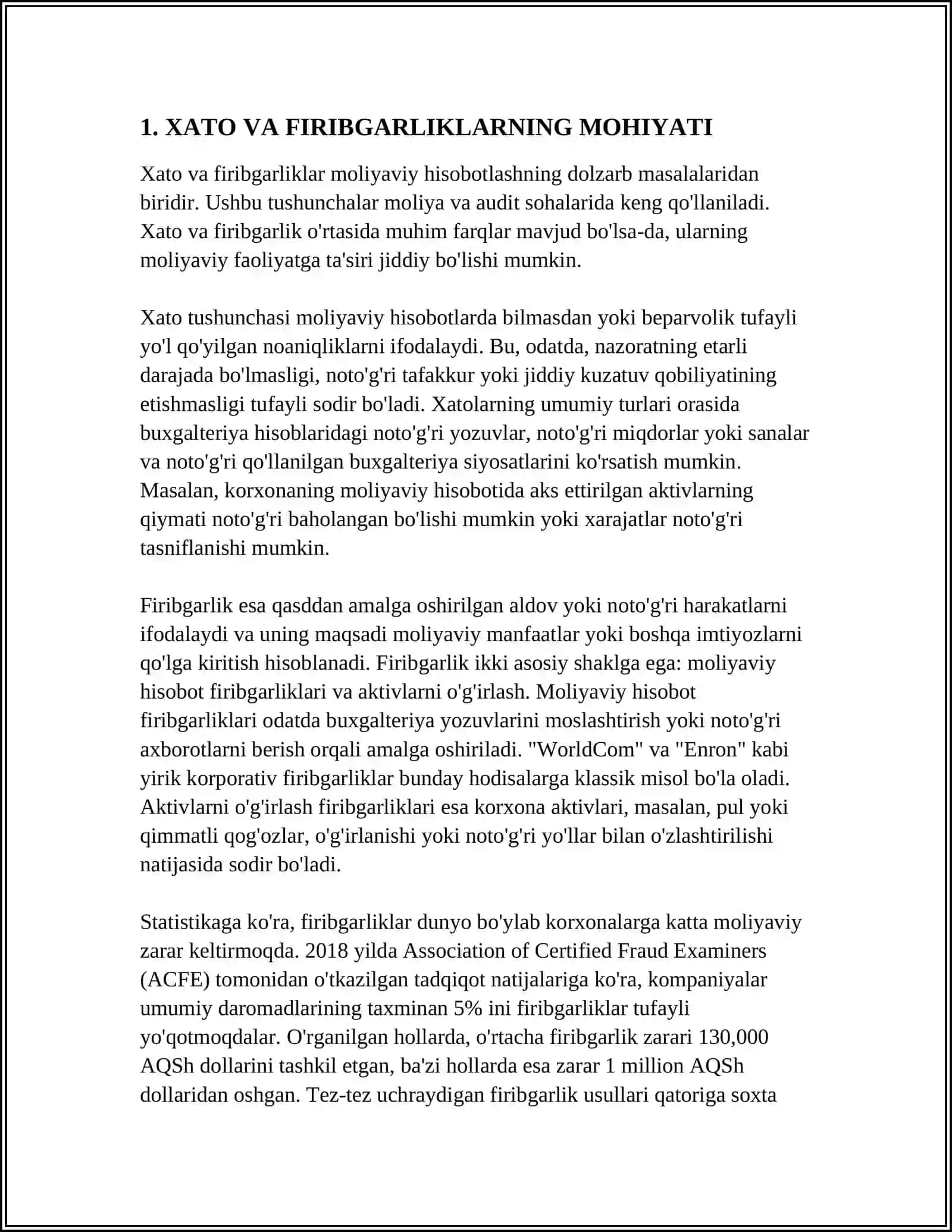 XATO VA FIRIBGARLIKLAR MAVJUD HOLAT VA JARAYONLARNI TAHLIL QILISH MUSTAQIL ISH 10 LISTGA MO‘LJALLANGAN GRAFIKALAR VA ISH BO‘YICHA HUJJATLAR BILAN 4