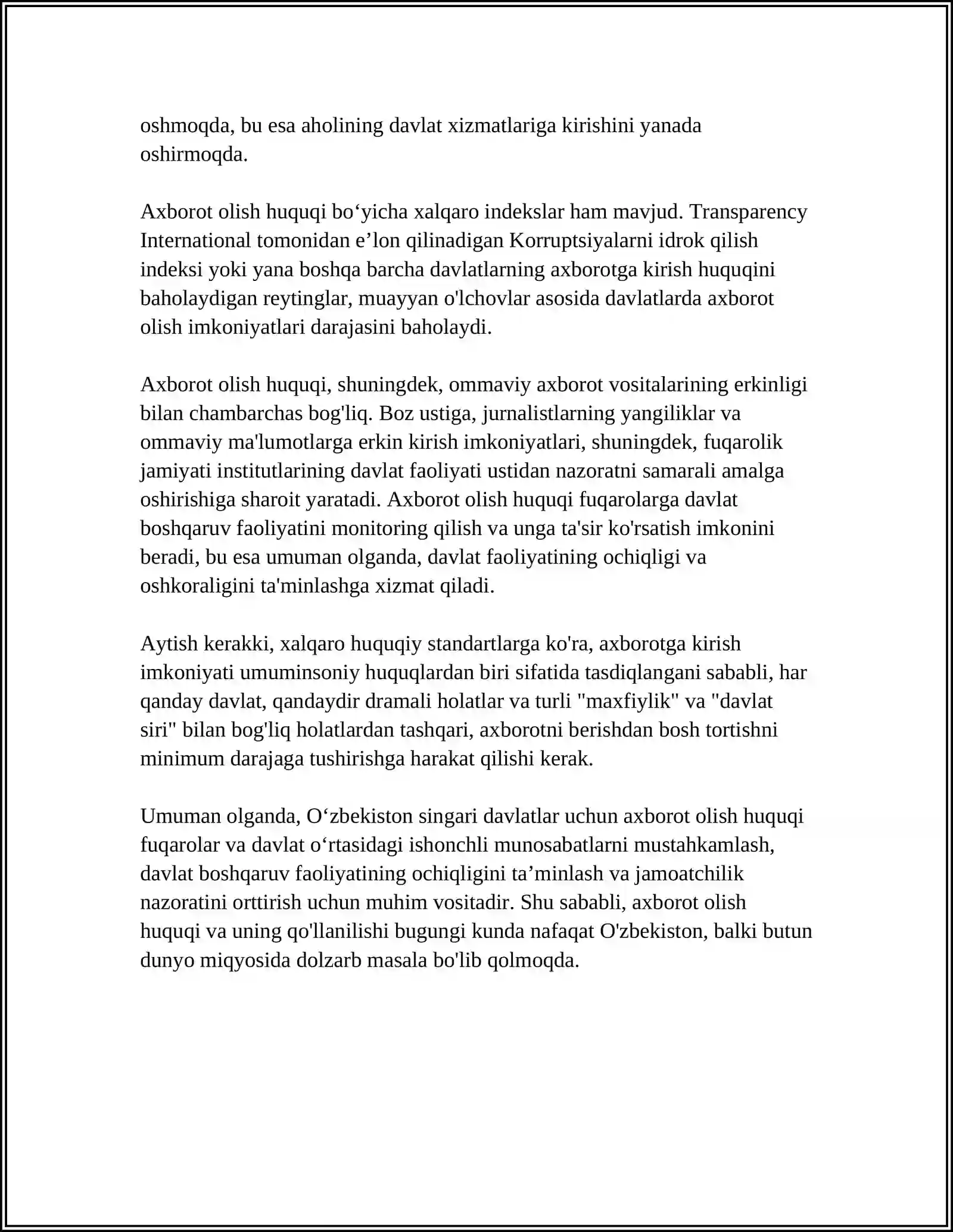 “AXBOROT OLISH KAFOLATLARI VA ERKINLIKLARI” TOʻGʻRISIDAGI QONUN 4