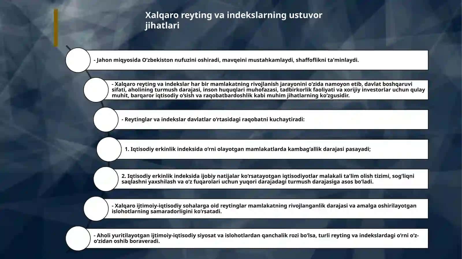 O‘zbekiston Respublikasining xalqaro reyting va indekslardagi o‘rnini yaxshilash hamda davlat organlari va tashkilotlarida ular bilan tizimli ishlashning yangi mexanizmini joriy etish 4