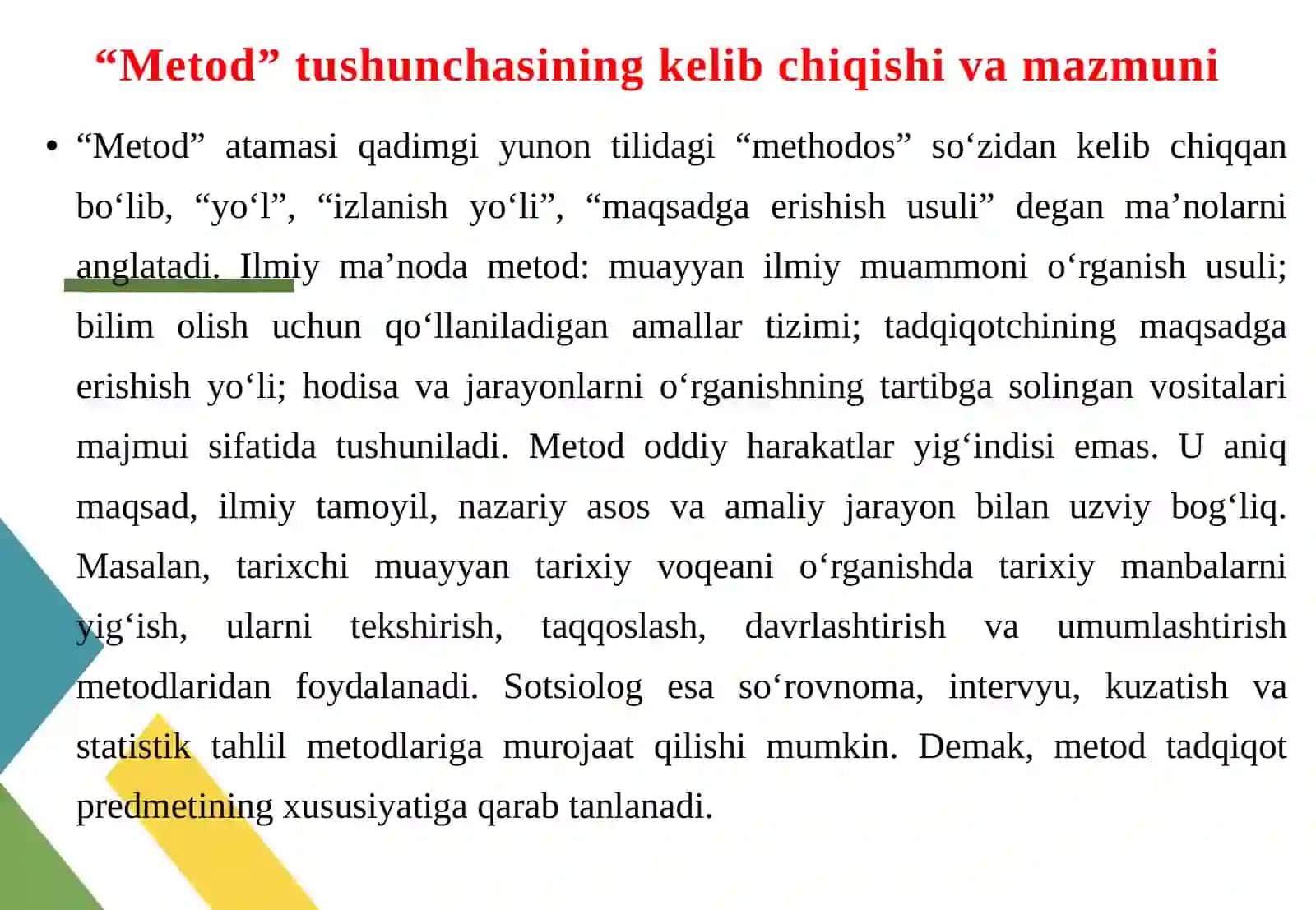 Metod tushunchasi va uning ta’rifining fandagi o‘rni 4