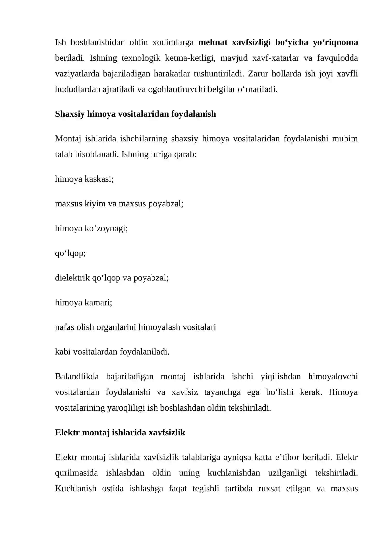 Montaj jarayonida mehnat xavfsizligi talablarini bajarish va nazorat qilish. 4
