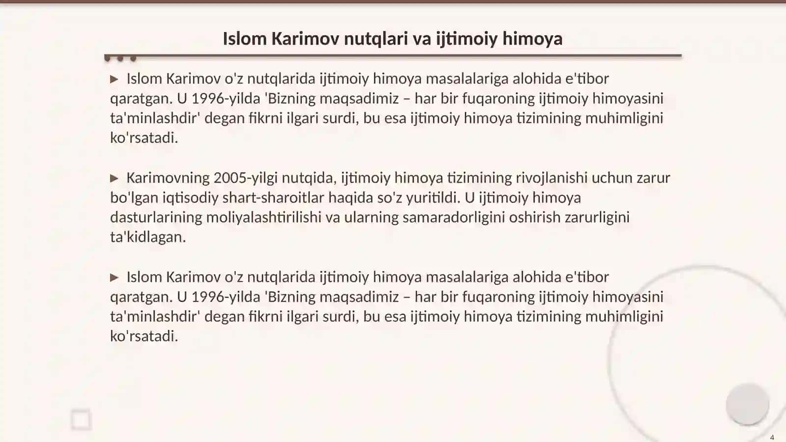 Islom Karimov nutq va maqolalarda ijtimoiy himoya asoslari togrisida 4