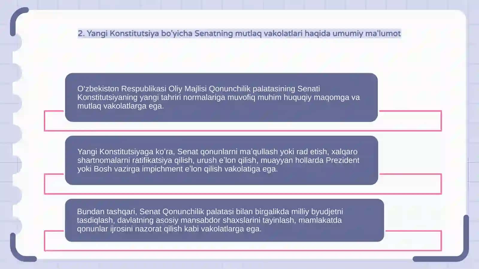 O'zbekiston Respublikasi Oliy majlis Qonunchilik palatasiining Senatning huquqiy maqomi va mutloq vakolatlarini hamda ularning birgalikdagi vakolatlarini yangi tahrirdagi O'zbekiston Respublikasi Konstitutsiyasi normalari as 4