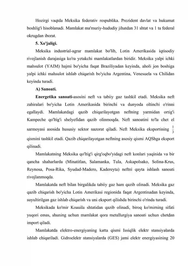 Meksikaning iqtisodiy-geografik o’rni,tabiiy resurslari,aholisi va xo’jaligi. 4