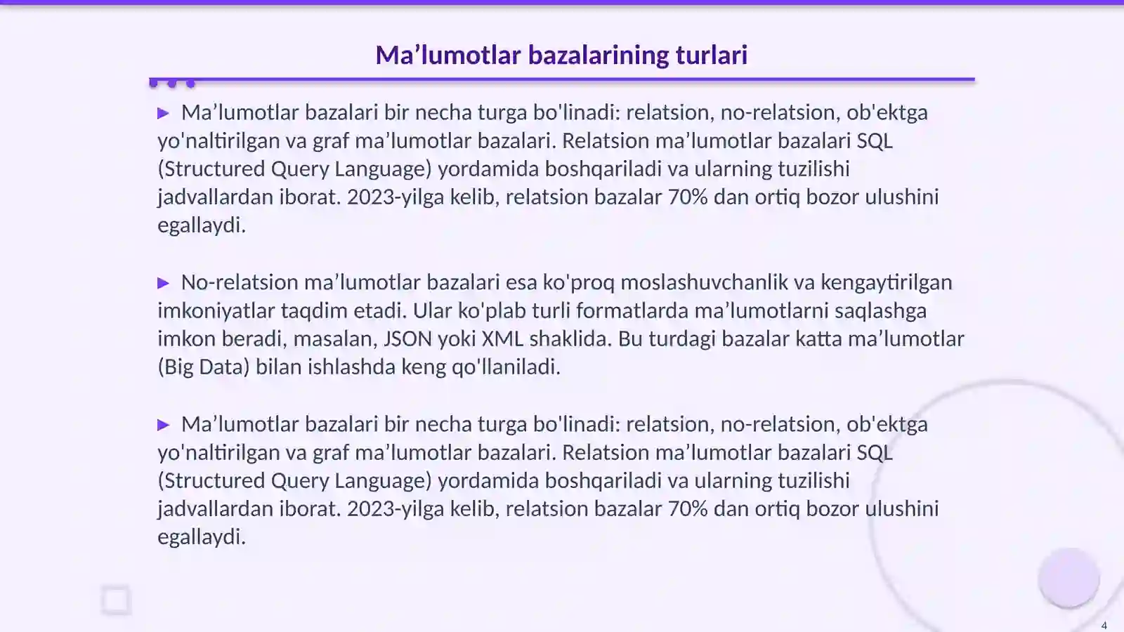 Ma’lumotlar bazasini boshqarish tizimlari 4