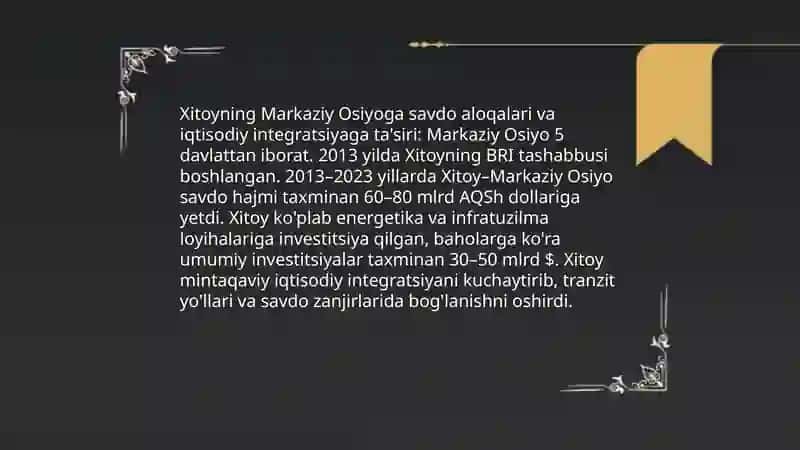 Xitoyning Markaziy Osiyoga ta'siri Umarova Yoqutxon 4