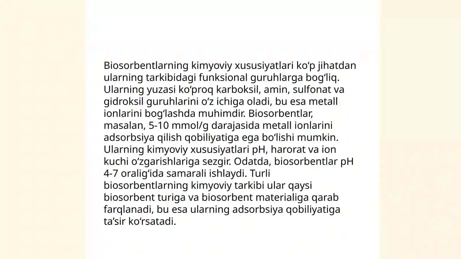 Sholi qobigʻi asosida olingan biosorbentga Cr(III) ionlari sorbsiyasini oʻrganish 4