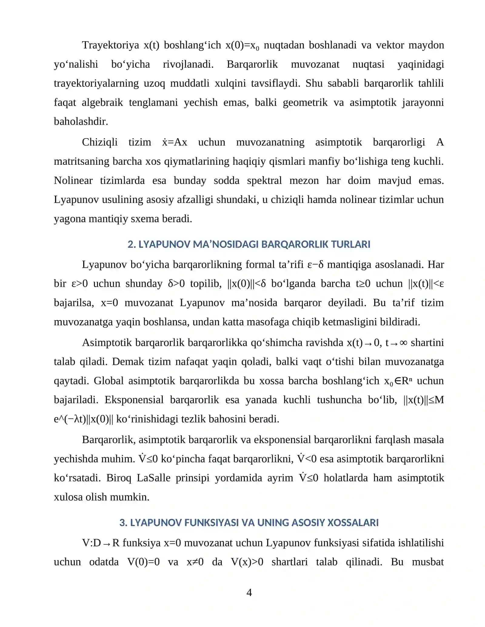 LYAPUNOV FUNKSIYASINING XOSSALARIGA TEGISHLI ANIQ MASALALAR 4