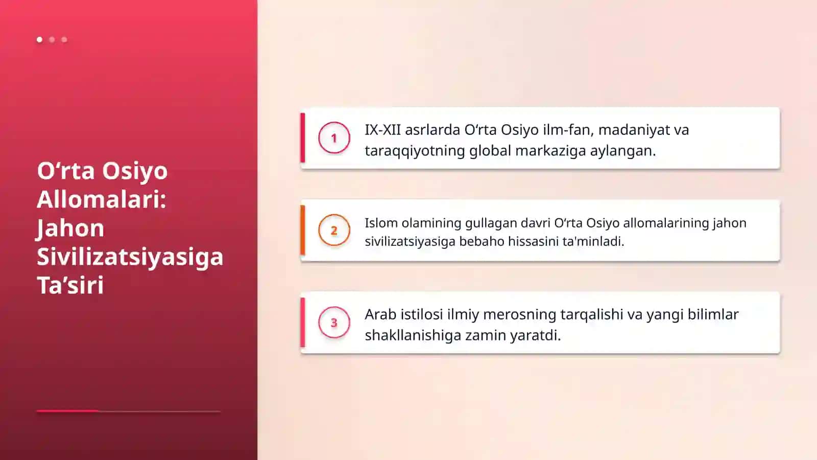Yuksak ma’naviyatli yoshlarni tarbiyalashda O‘rta Osiyo allomalari ilmiy merosining o‘rni (allomalarning ilmiy faoliyati misolida). O‘rta Osiyolik allomalarning jahon sivilizatsiyasiga qo‘shgan hissasi: Muso al-Xorazmiy. 4