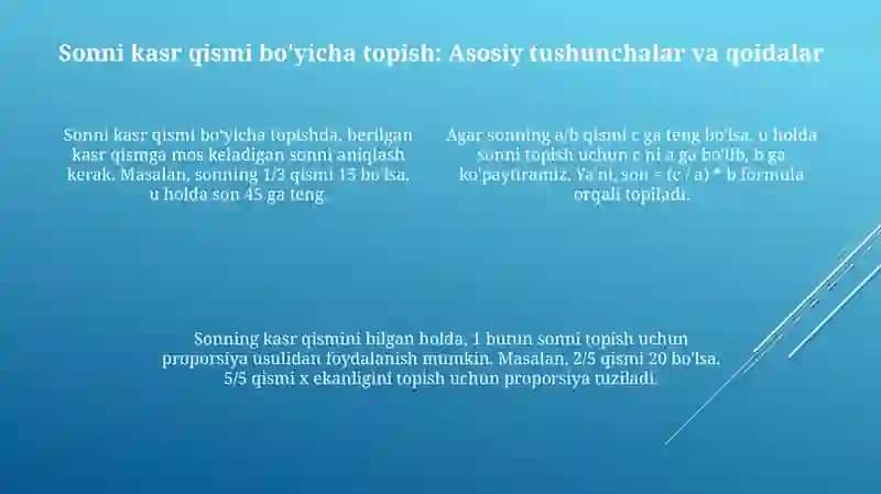 Sonning kasr qismi va kasrga ko'ra sonni topishga doir masalalar yechish 4