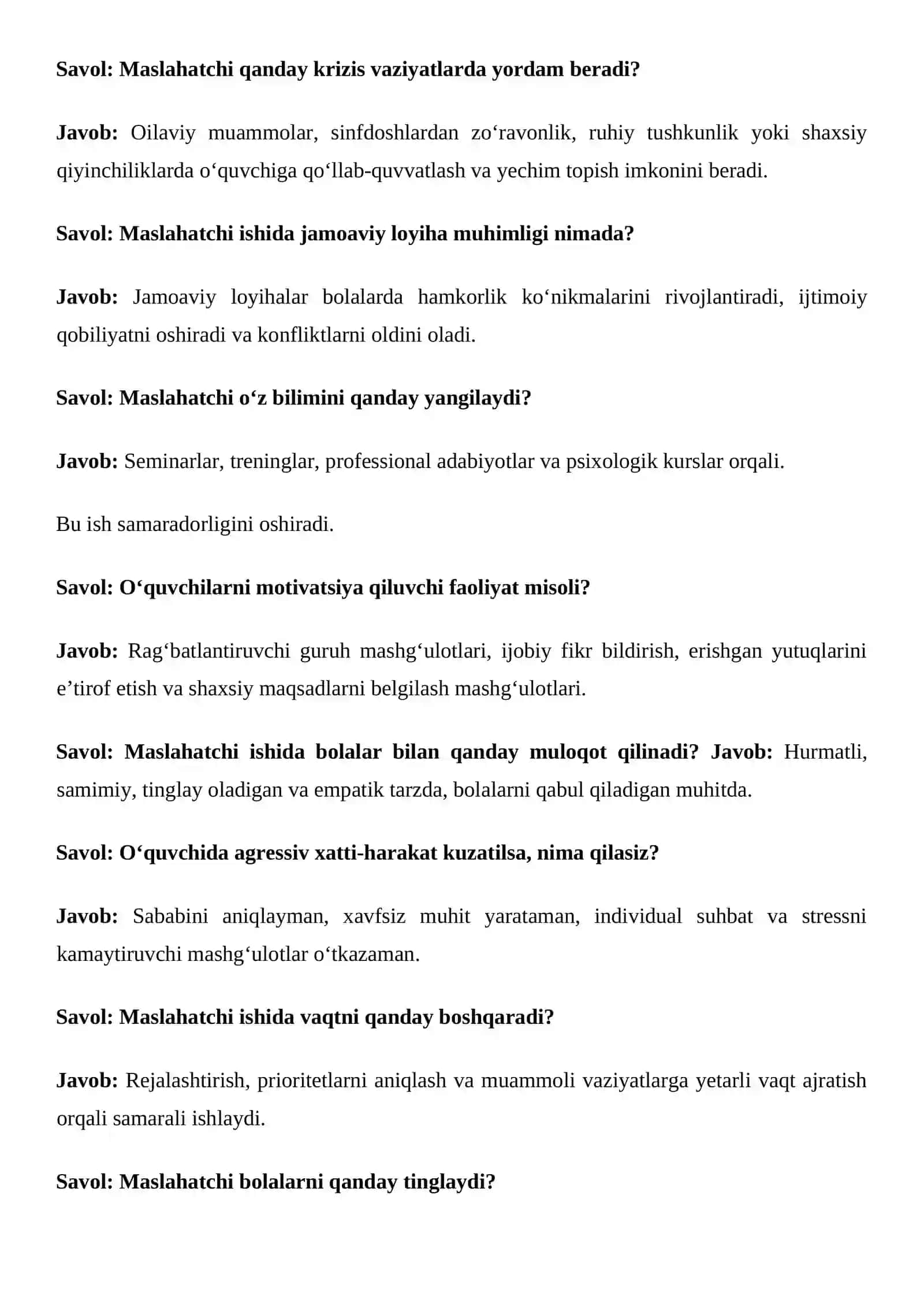 Maktab maslahatchisi ishi bo‘yicha suhbat  savollar va javoblari 4