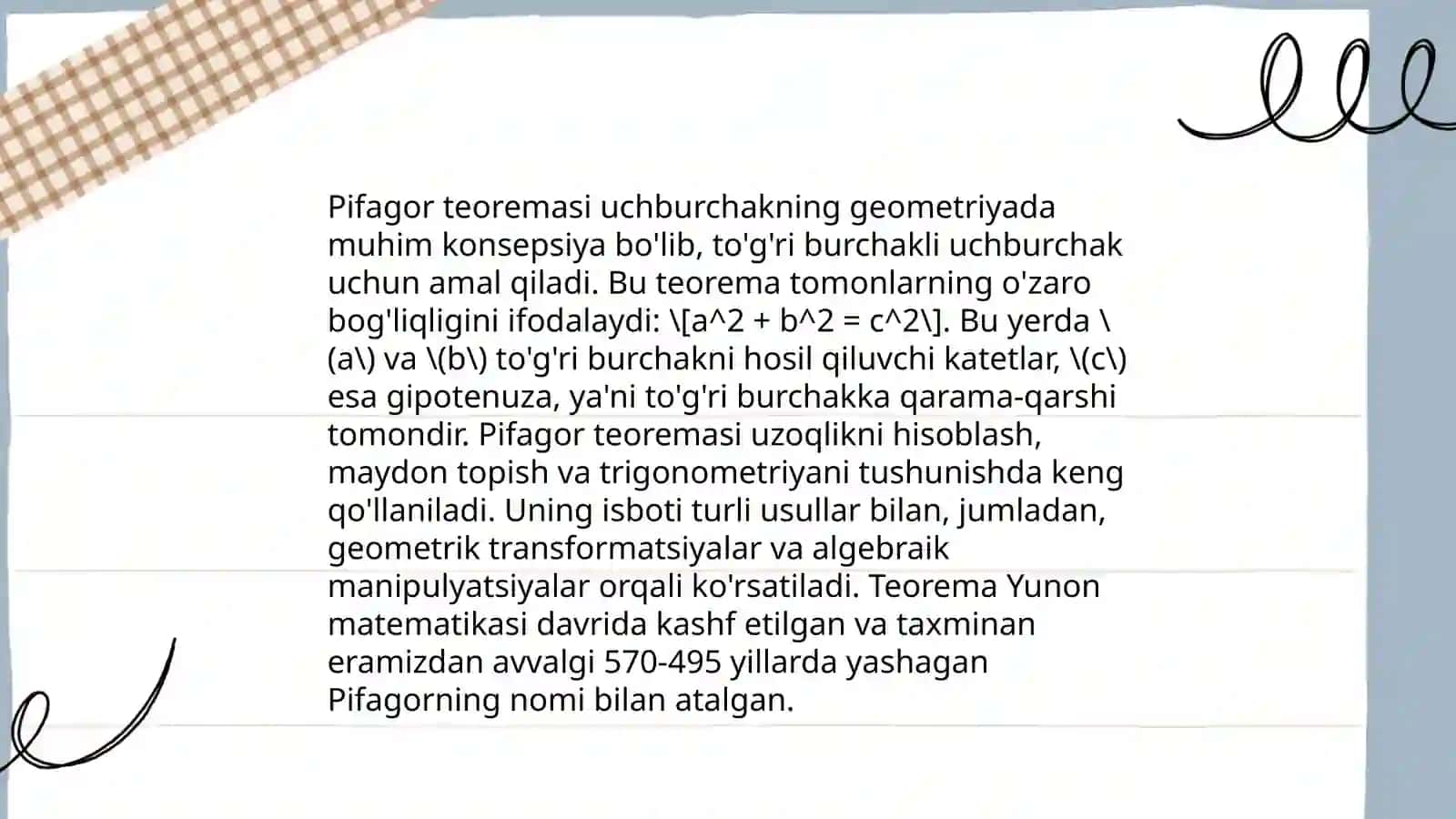 Pifagor teoremasi va uni ta'mirlash va dizayn loyihasidagi ahamiyati 4