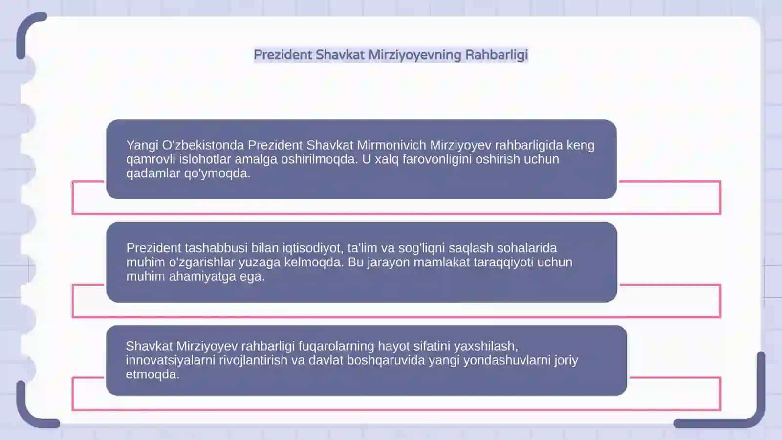 Yangi O'zbekistonda Prezident Shavkat Mirmonivich MIRZIYOYEV rahbarligi va tashabbusi ostida amalga oshirilayotgan islohotlar 4