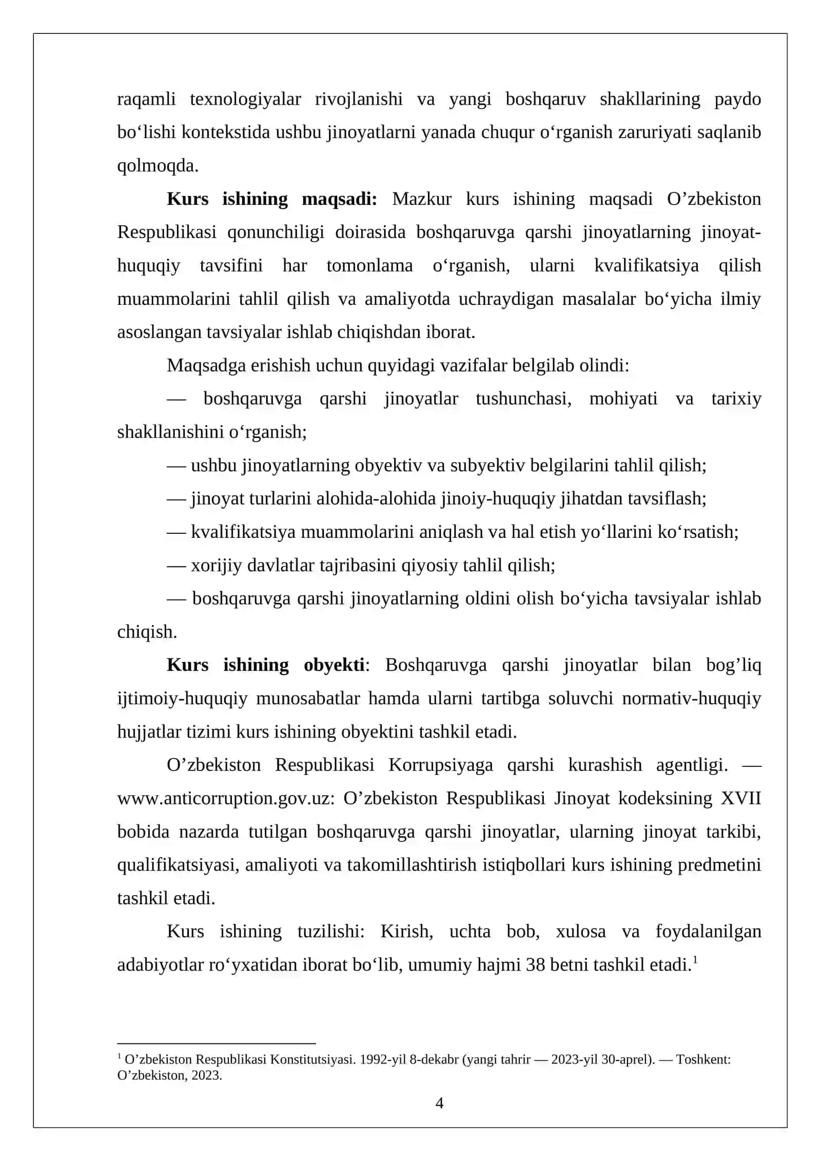 O'ZBEKISTON QONUNCHILIGIDA BOSHQARUVGA QARSHI JINOYATLAR kurs ishi. 4