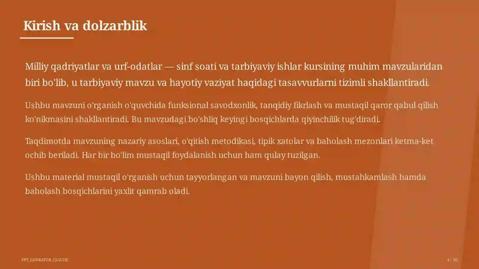 Sinf soati va tarbiyaviy tadbirlar (1– 11) 4