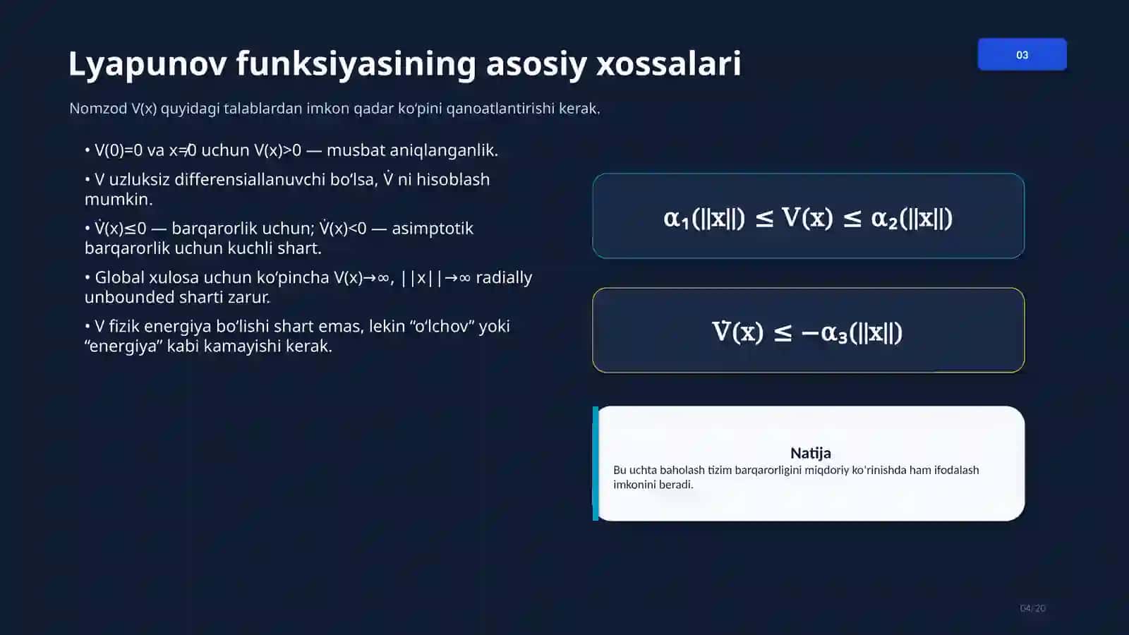 Lyapunov funksiyasining xossalariga tegishli aniq masalalar 4