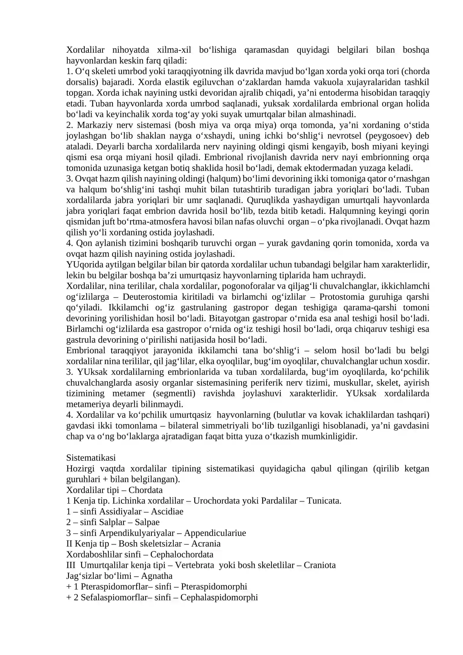 Xordalilar tipi (Chordata). Bosh skeletsizlar-Acrania kenja. tipi Umurtqalilar-Vertebrata yoki Bosh skeletlilar -Craniata kenja tipi 4