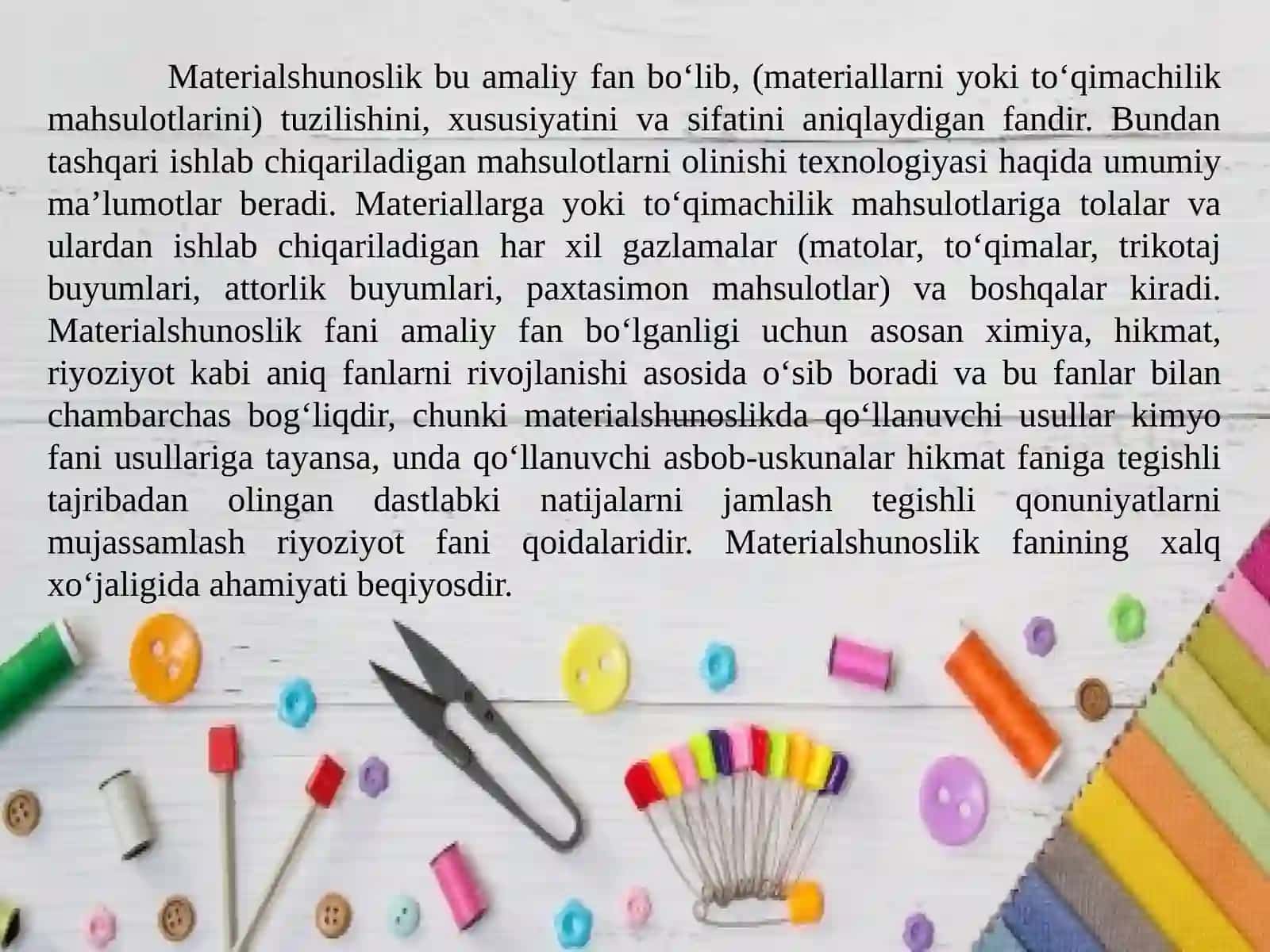 MAXSUS MATERIALSHUNOSLIK, TIKUVCHILIK JIHOZLARI FANINING MAQSAD VA VAZIFALARI 4