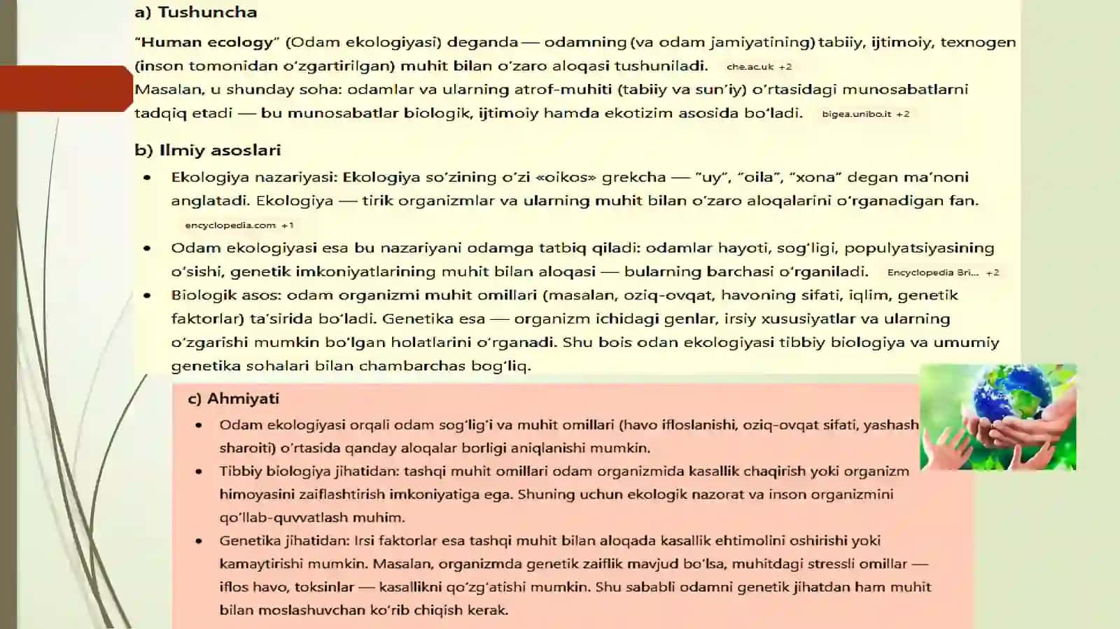 Abdusamatova Marjona - Tibbiy biologiya va umumi genetika fanidan odamekologiyasi 4
